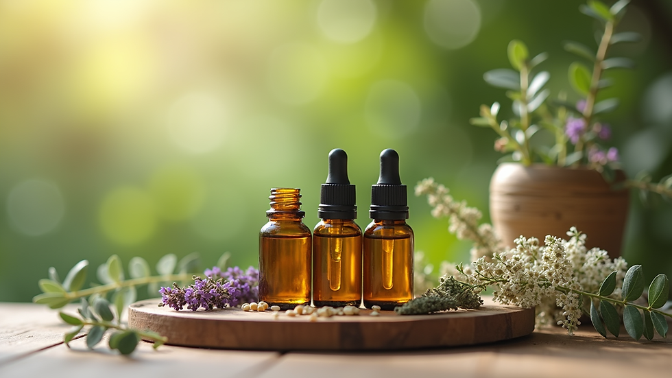 Close-up view of a soothing herbal remedy setup with essential oils and plants