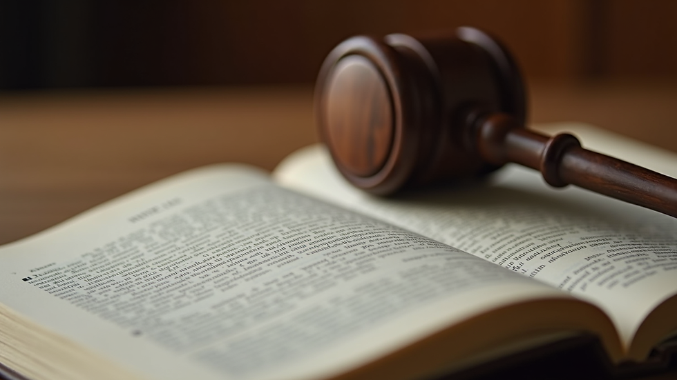Close-up view of a legal book with a gavel on top