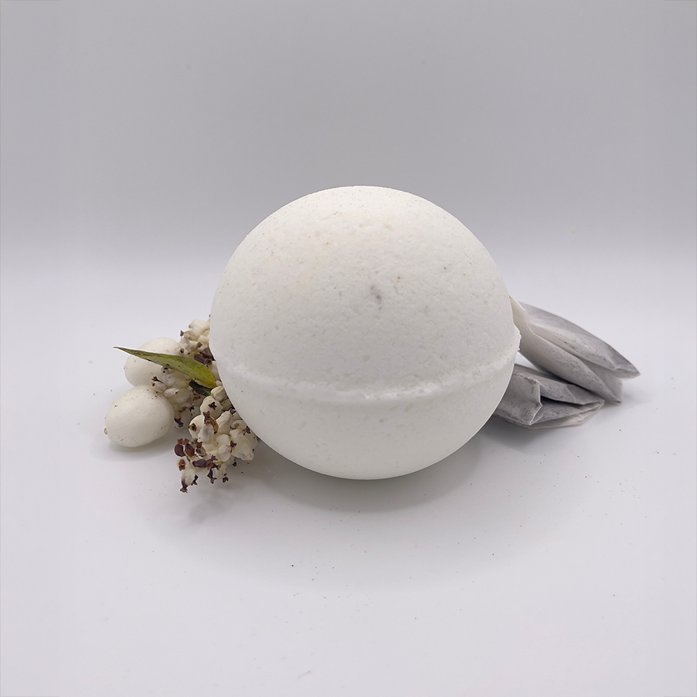 White Tea Bath Orb, front view with floral and bags of tea