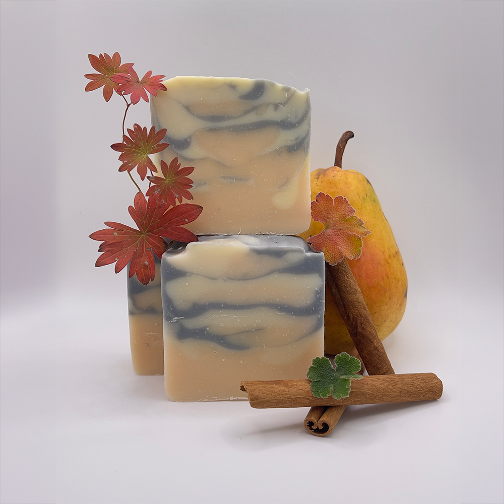 Fallen Leaves Bar Soap, stack of soap with leaves, pear and a stick of cinnamon