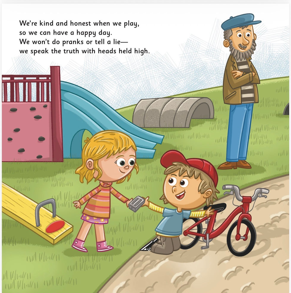 Girl helps boy up in a playground with slides and a bike. A man watches, smiling. Text reads, "We're kind and honest when we play."