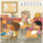 Three children in a classroom, one raising a hand. The wall shows "ABCDEFG" in cursive. A smiling clock reads "I AM KIND." Text: "Just use your voice…"
