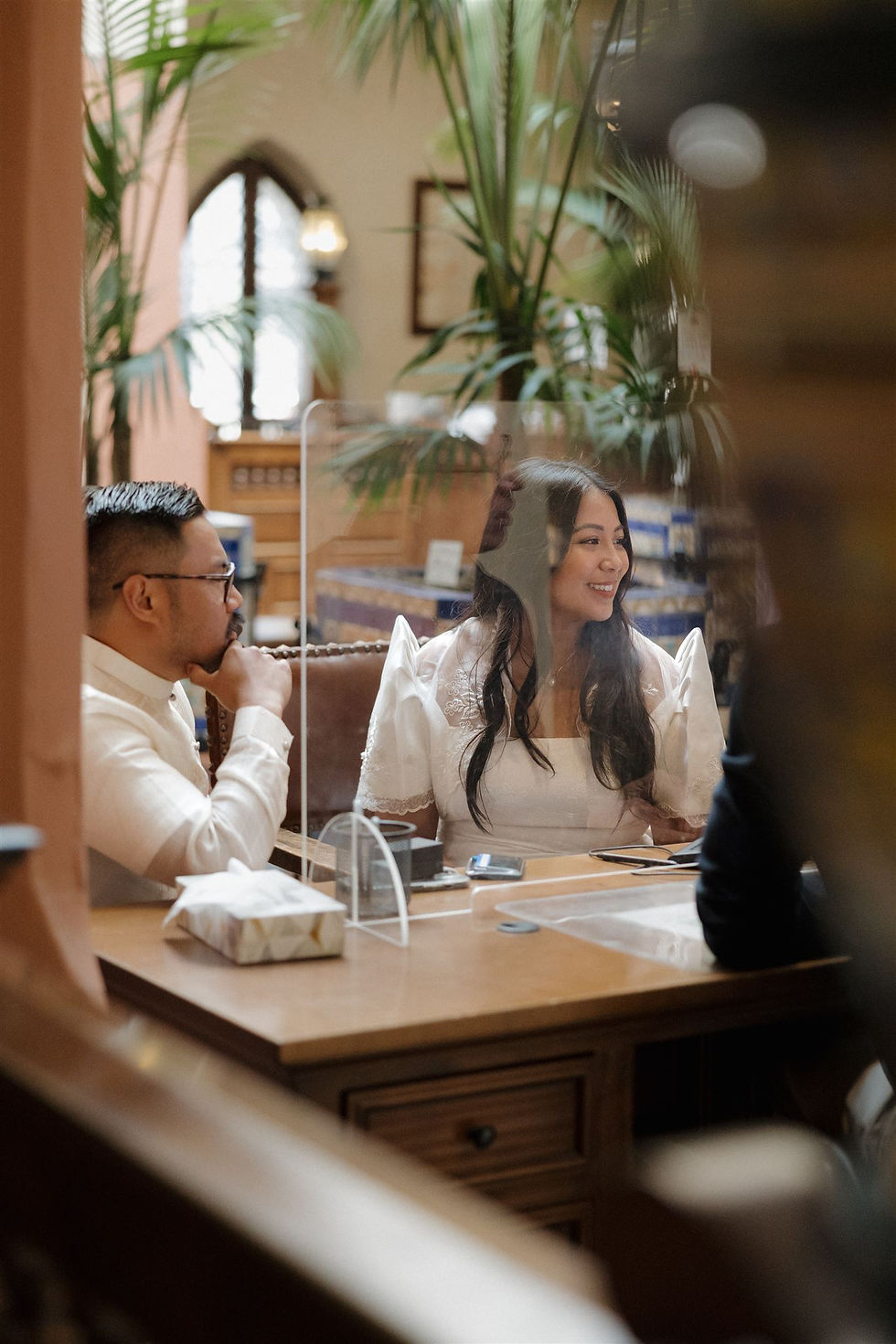 Bride smiling during Santa Barbara Courthouse ceremony by MacKenzie Rana Photography