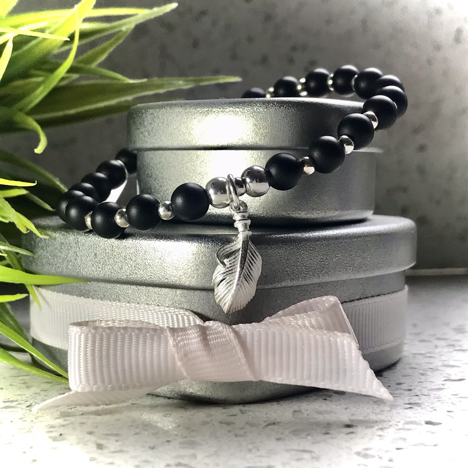 Matte Black Agate & Sterling Silver Feather Bracelet