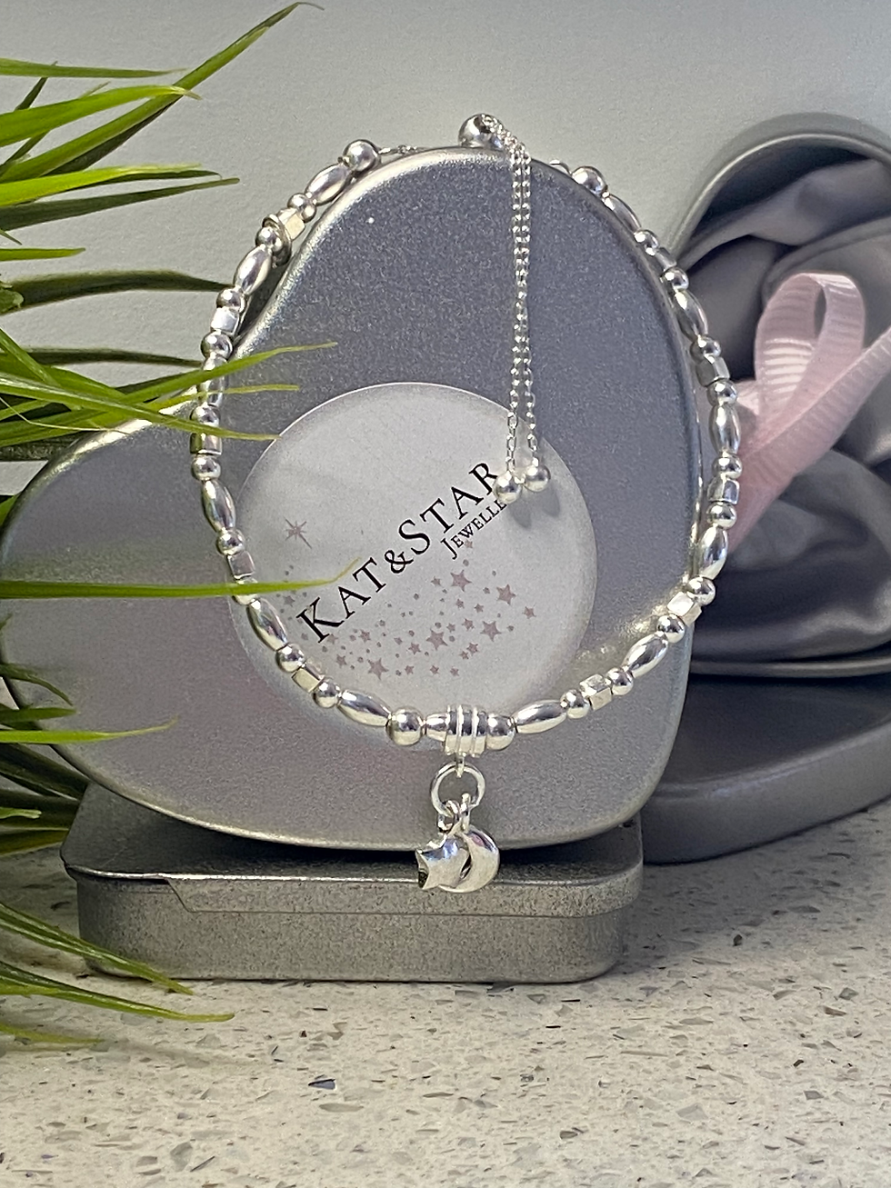 kat and star jewellery Sterling Silver Moon & Star Slider Bracelet with gift tin
