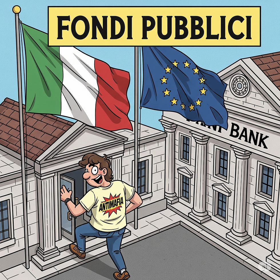 Immagine generata con AI, in stile fumetto, che rappresenta una persona entrata in una banca, con esposte la bandiera italiane ed europea, e la scritta nera su sfondo giallo "Fondi pubblici"