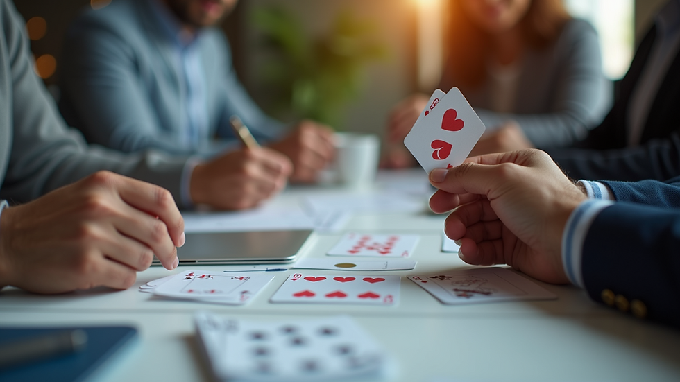 Close-up view of team members playing planning poker with cards