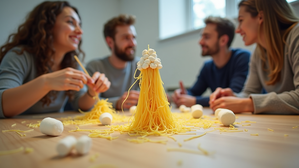 Eye-level view of a team building spaghetti and marshmallow tower