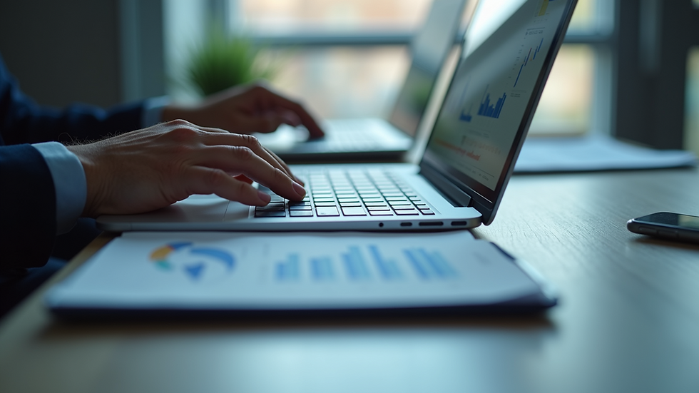 Eye-level view of a product manager analysing data charts on a laptop
