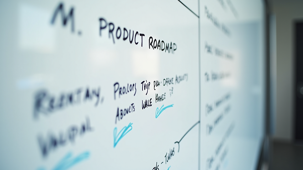 Close-up view of a whiteboard with product roadmap and value prioritisation notes