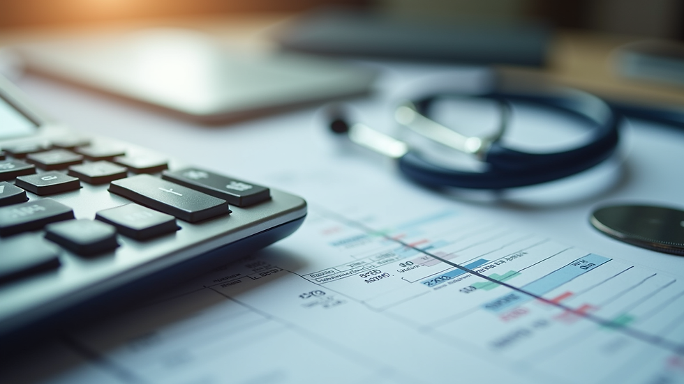 Close-up view of a calculator and medical bills on a desk