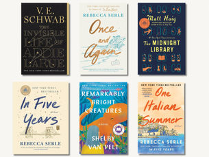 Six popular contemporary fiction book covers arranged in a grid: The Invisible Life of Addie LaRue by V. E. Schwab, Once and Again by Rebecca Serle, The Midnight Library by Matt Haig, In Five Years, Remarkably Bright Creatures by Shelby Van Pelt, and One Italian Summer, displayed on a neutral background.