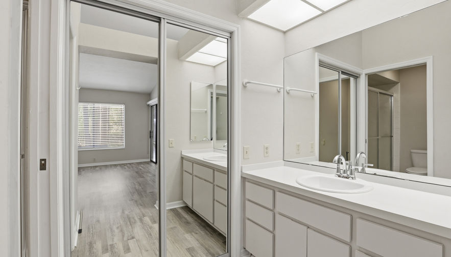 Bathroom with double vanity, two sinks, and mirrored closet