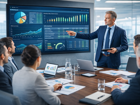 Reunión ejecutiva usando Business intelligence en Argentina para decisiones estratégicas