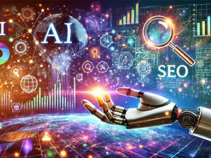 Mano robótica y gráficos digitales sobre AI SEO y análisis de datos