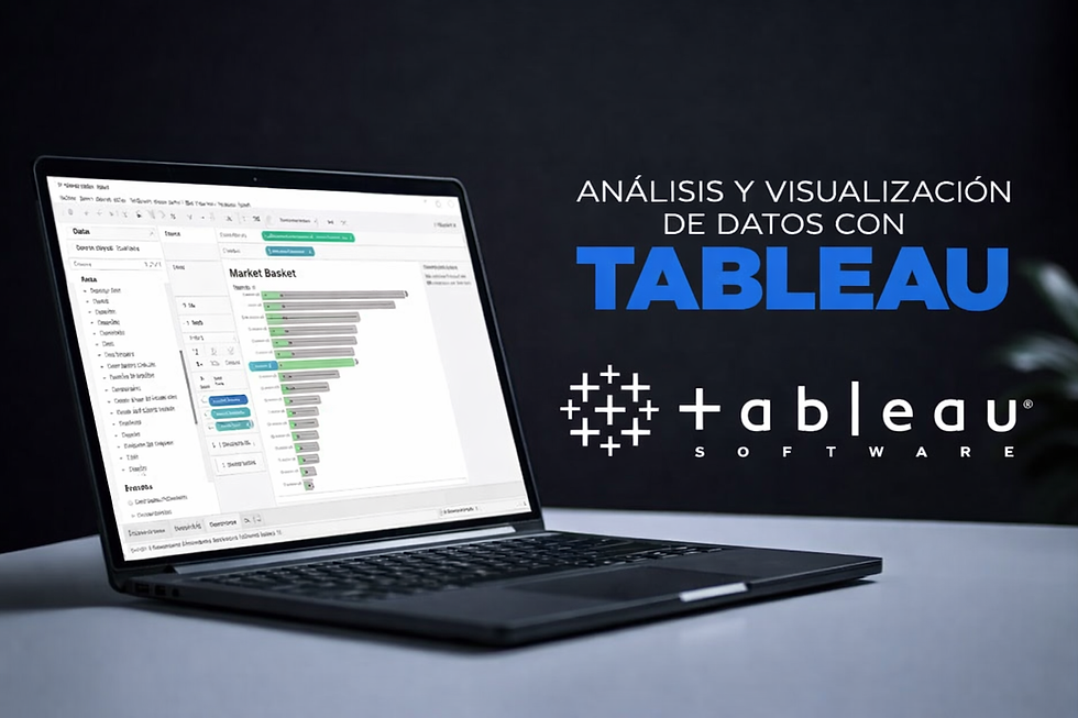 Visualización de datos con Tableau en laptop mostrando dashboards analíticos para análisis empresarial.