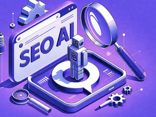 Robot, lupa y pantalla con texto SEO AI en entorno visual de motores de respuesta