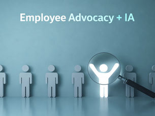 Ilustración sobre Employee Advocacy e IA con figura destacada bajo una lupa
