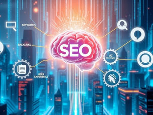 Ilustración de cerebro digital con conexiones que representan AI SEO y optimización en motores de búsqueda