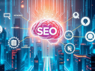 Ilustración de cerebro digital con conexiones que representan AI SEO y optimización en motores de búsqueda