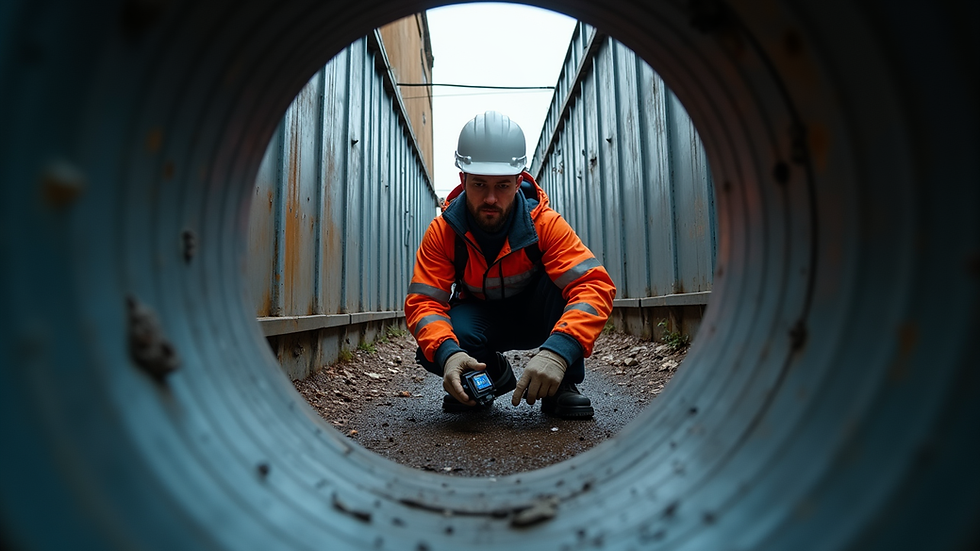 Eye-level view of a technician inspecting a sewer pipe with a camera