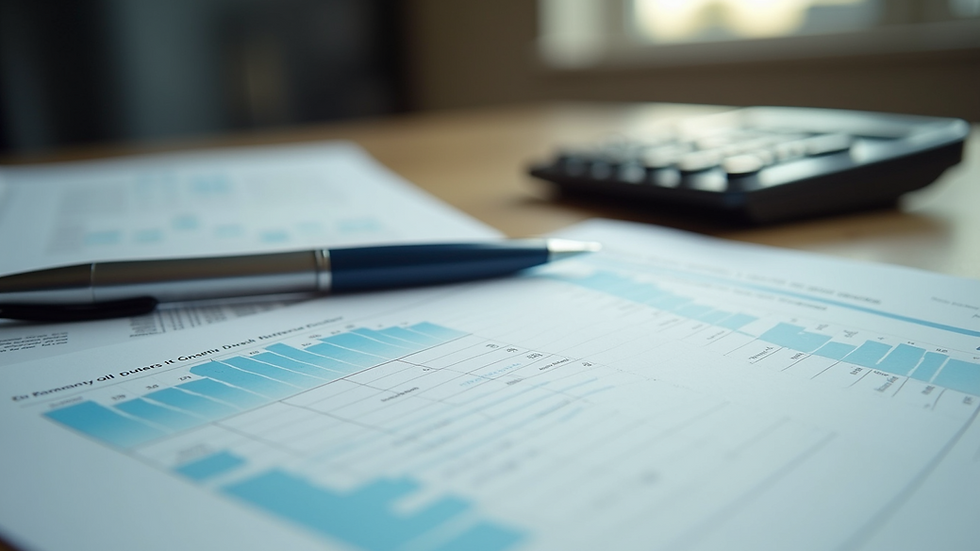Eye-level view of a neat desk with financial documents and a calculator