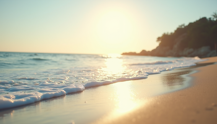 Eye-level view of a sandy beach with gentle waves and soft sunlight