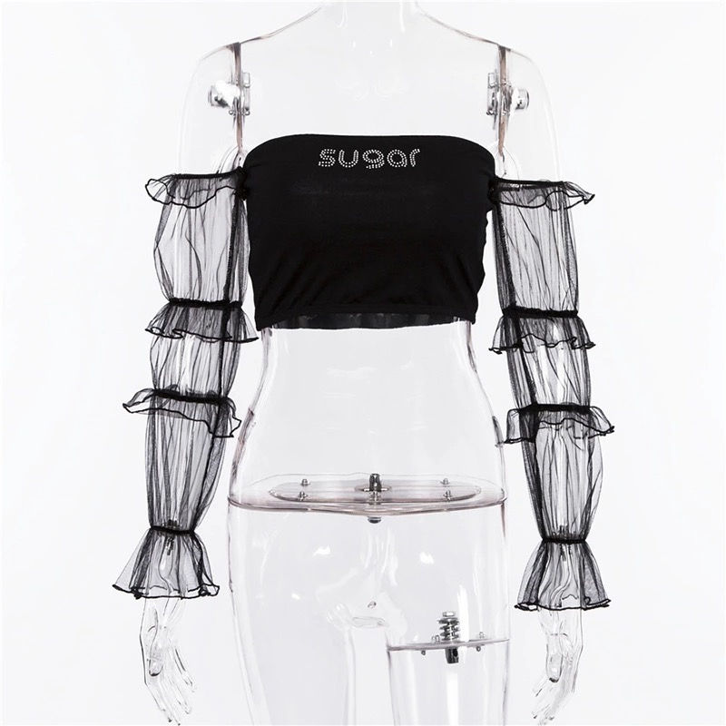 Thumbnail: Diamanté sugar off the shoulder sheer crop top