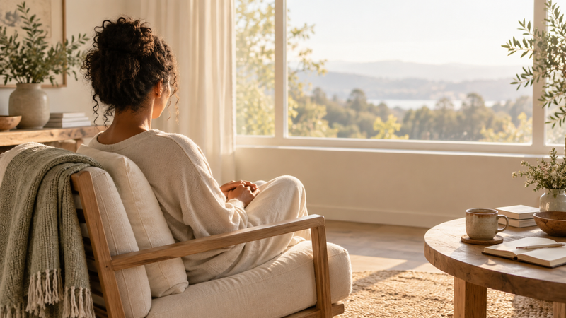 A woman pausing in a quiet sunlit room with a journal and tea
