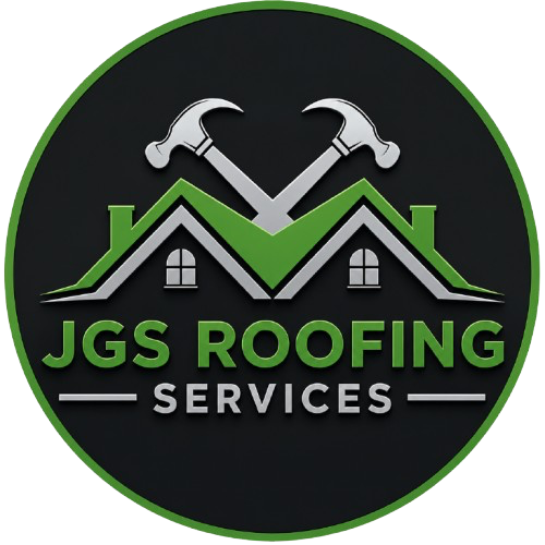 JGS Roofing Services logo with crossed hammers over a roof.