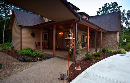 The Grand Teton modular home, covered breezeway, stone accents