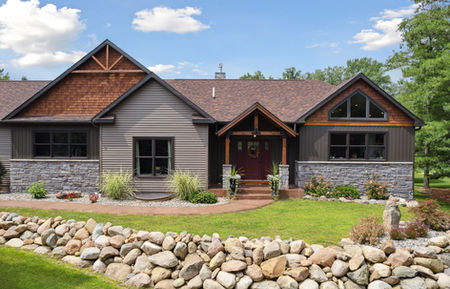 Custom Jacob's Creek modular home, exterior, ranch home, stone porch columns