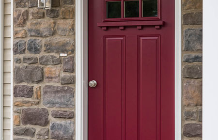Easy Street Ranch modular home, front door detail, red door, stone surround