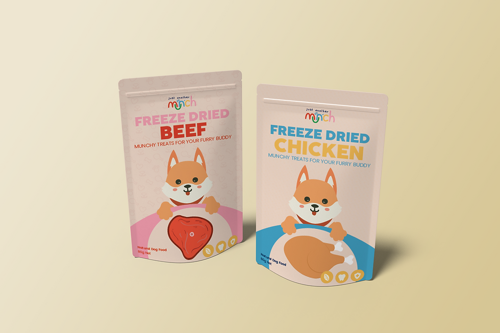 Just Another Munch pet food packaging design mockup featuring custom dog character illustrations