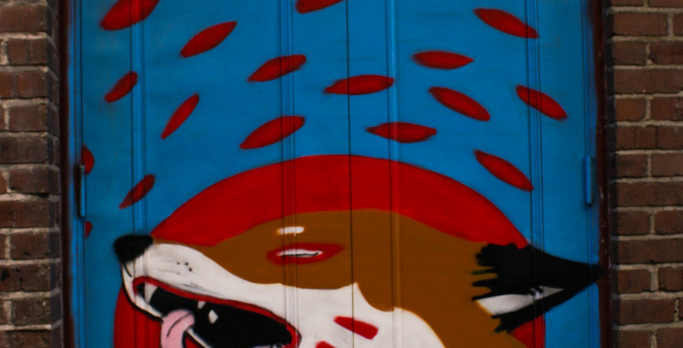 mural of fox with red and blue background