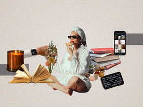 A cozy, wellness-inspired aesthetic collage featuring a woman relaxing in a white robe