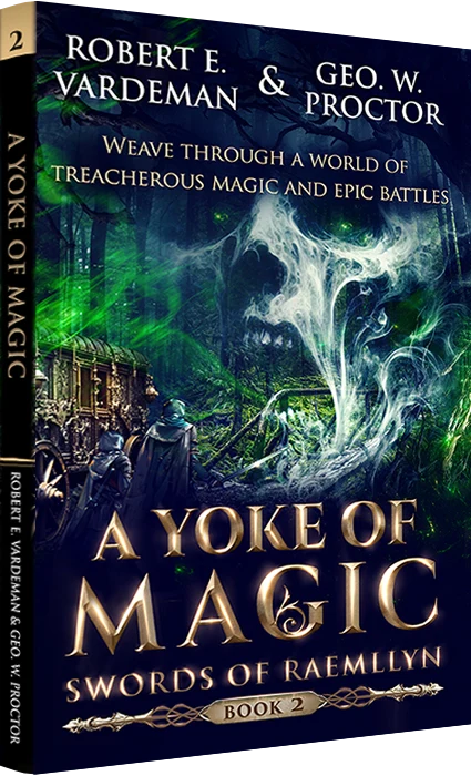 Epic fantasy cover 'A Yoke of Magic', two medieval warriors facing an evil ghost creature in a forest, by Donika Mishineva

