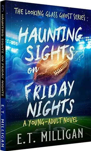 Cover design by Donika Mishineva for the speculative fiction book 'Haunting Sights on Friday Nights', depicting a football field and a flying ball.