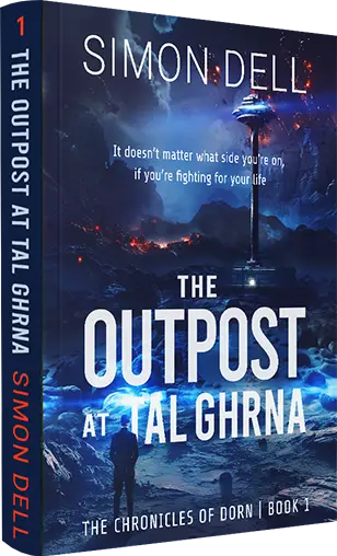 Sci-fi book cover 'The Outpost of Tal Ghrna', military soldier in alien ruins after battle, art by Donika Mishineva