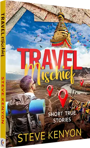 Travel short stories cover featuring a traveler with map fragments, destination pins, and custom typography in Tibet.