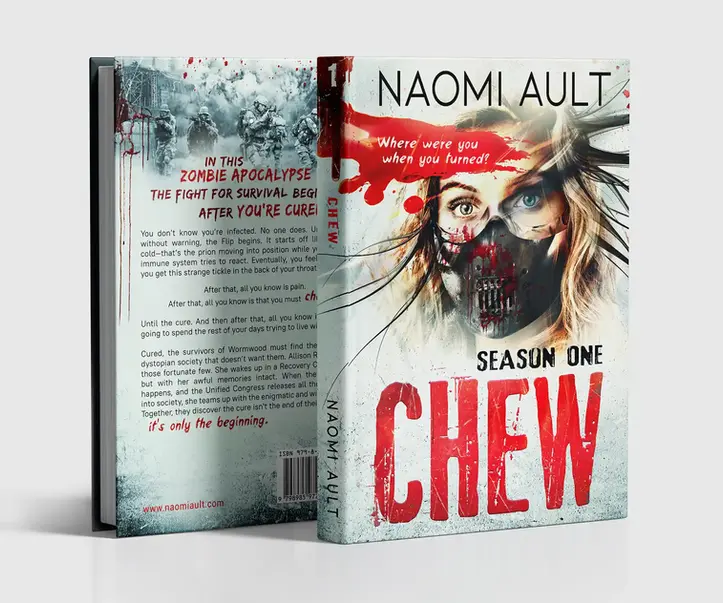 Custom dystopian book cover 'Chew', featuring the main character in a horrifying mask covered with blood, by Donika Mishineva