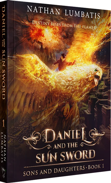 Fantasy book cover 'Daniel and the Sun Sword', protagonist riding a metallic golden eagle, design by Donika Mishineva