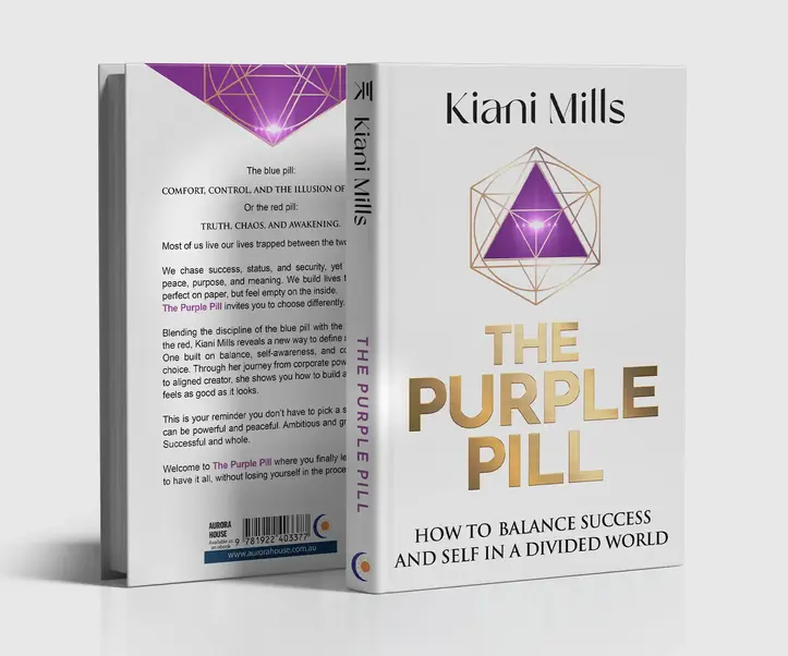 Minimalist self-help cover with a purple pill, golden esoteric framework and typography. Designed by Donika Mishineva.