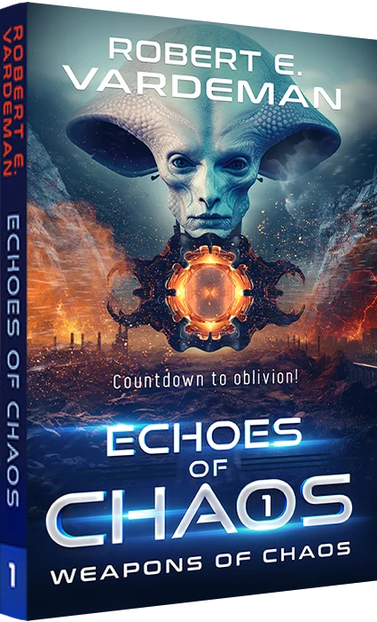 Sci-fi cover ‘Weapons of Chaos’, advanced alien technology and extraterrestrial creature, designed by Donika Mishineva
