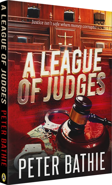 Blood-stained courtroom with a judge's gavel, bloody money, and dominant red tones. Cover design by Donika MIshineva.