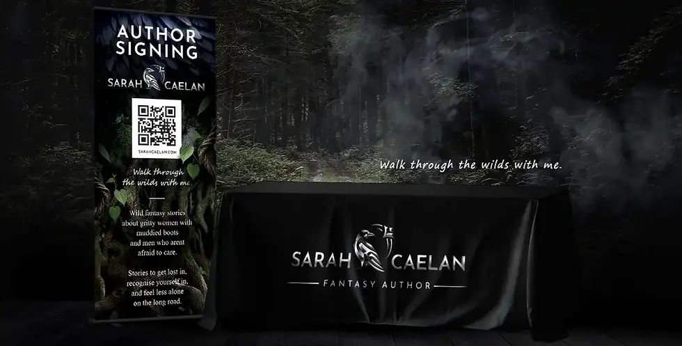 Event table and retractable banner design for a fantasy author book event by Donika Mishineva