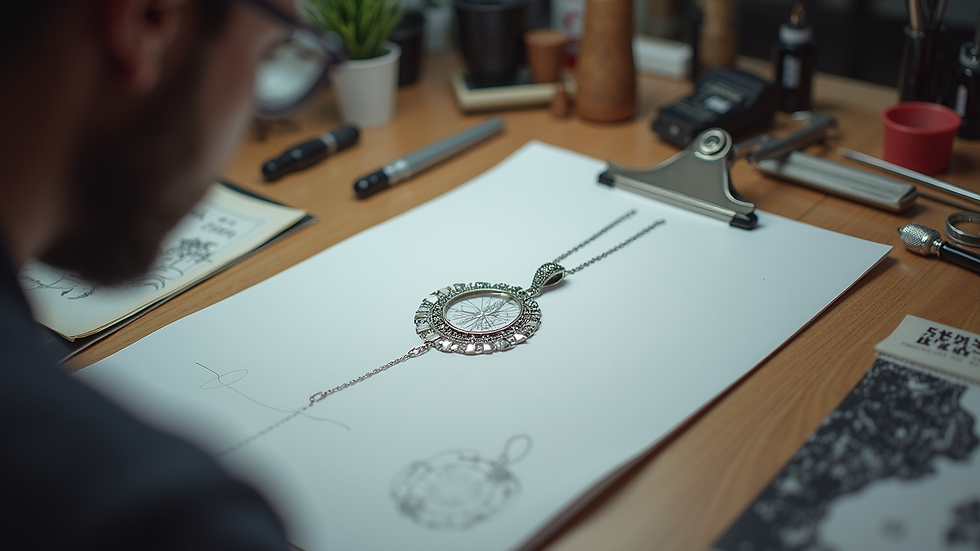 Eye-level view of a jeweler’s workspace with sketches and tools for pendant design