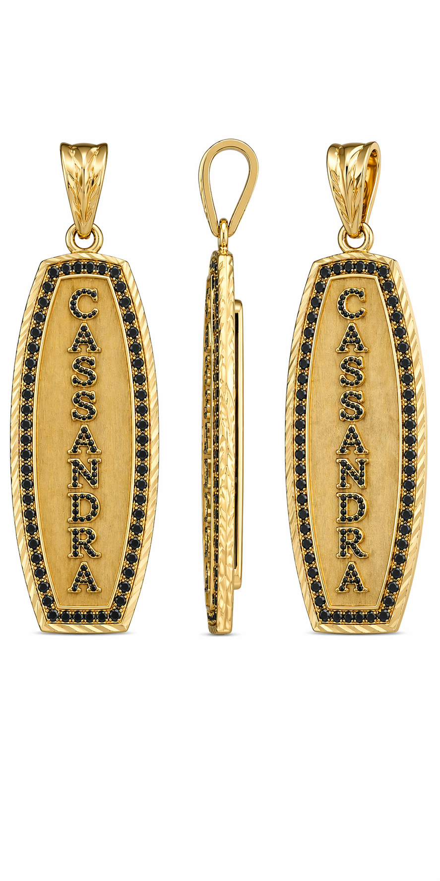 18K GOLD BLACK DIAMONDS CARTOUCHE WITH DIAMONDS IN LETTERS AND BORDER