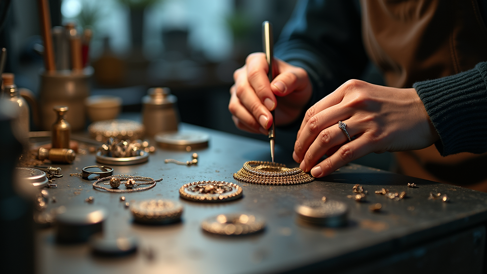 Eye-level view of a jeweler’s workbench with tools and a partially completed necklace