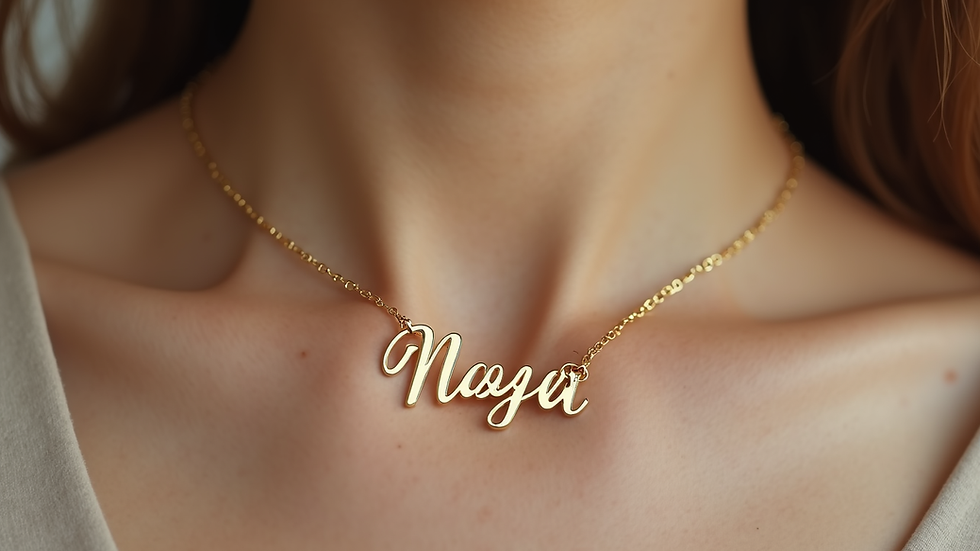 Close-up view of a gold personalized name pendant on a delicate chain